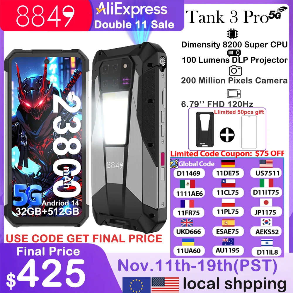 8849 Tank 3 Pro Unihertz proyector de teléfonos inteligentes resistentes Android 5G 23800mAh 512GB 36GB 200 MP cámara dimensión 8300 teléfono móvil