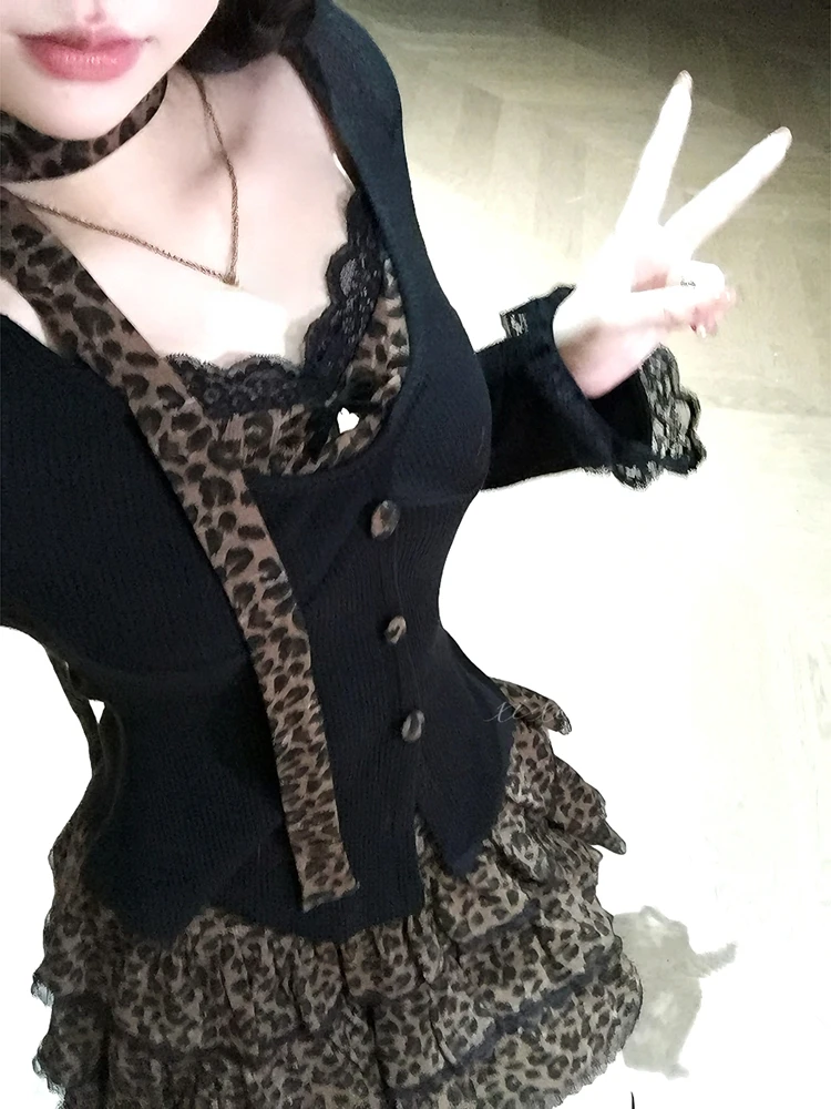 アメリカンレトロヒョウ 2 点セット甘いホットガールスリムトップス + Y2k グランジファッションミニスカートヴィンテージストリートスーツシック