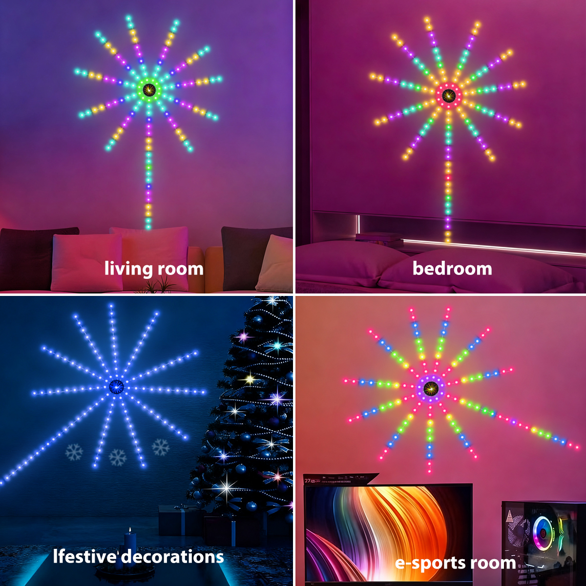 1pc RGB Firework Flexible LED Strip Lights 5V USB With Bluetooth Remote Voice-Activated Christmas Decoration Lights for Bedroom