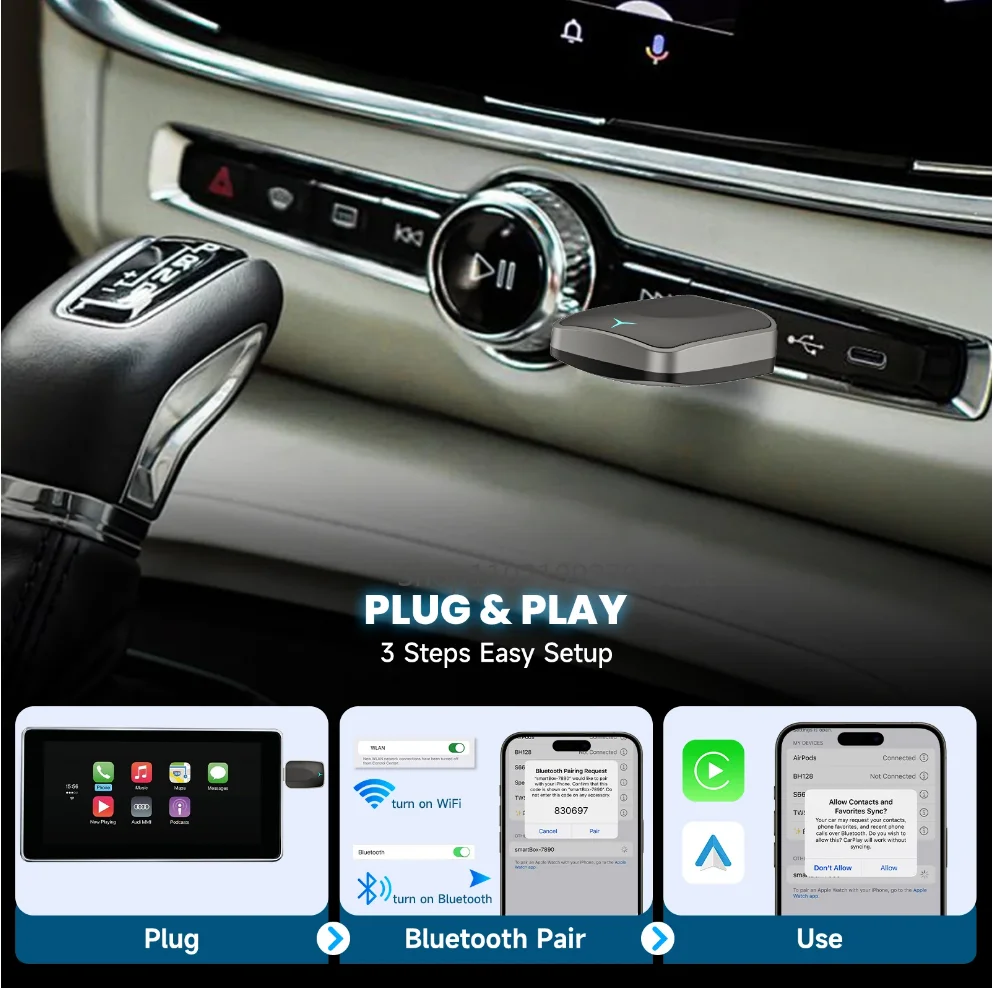 2025 NUOVO 2 in 1 Wireless Carplay AI Box Android Auto Plug And Play Applicabile per convertire Carplay cablato per auto originale in Wireless