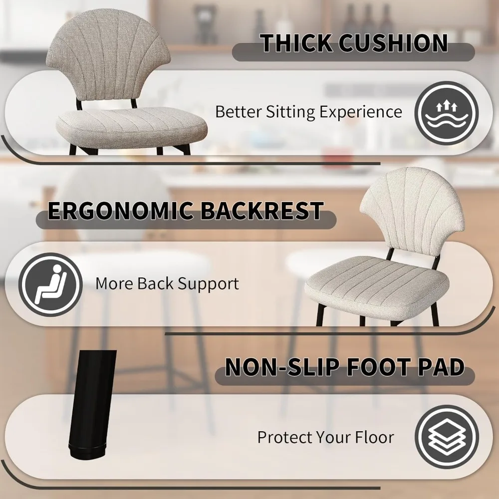 Bar Stools Set of 4, Counter Height BarStools with Shell-Shaped Backrest, Island Chairs with Metal Legs and Footrest, Modern Bar
