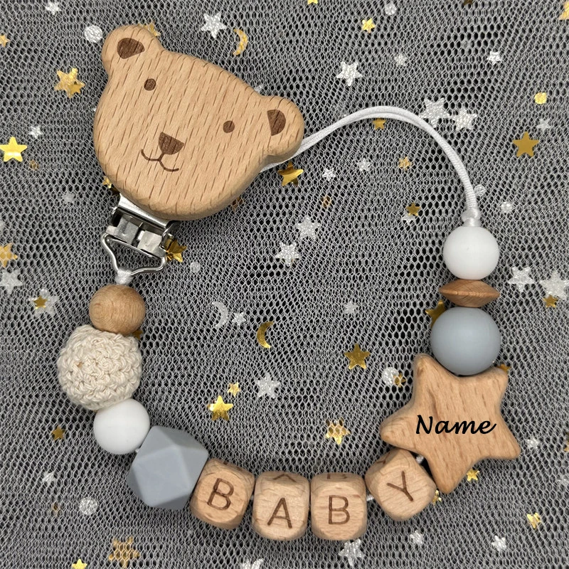 Handmade Personalized Custom Name Wood Bear Baby Pacifier Chain Clip Silicone Bead Holder With Name Teether Pendant Newborn Gift