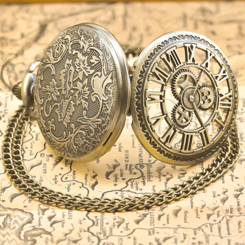 Vintage Bronze Steampunk Copper Cutout Gear Quartz Pocket Watch Necklace Pendant Clock Chain Men Women Chain Gift