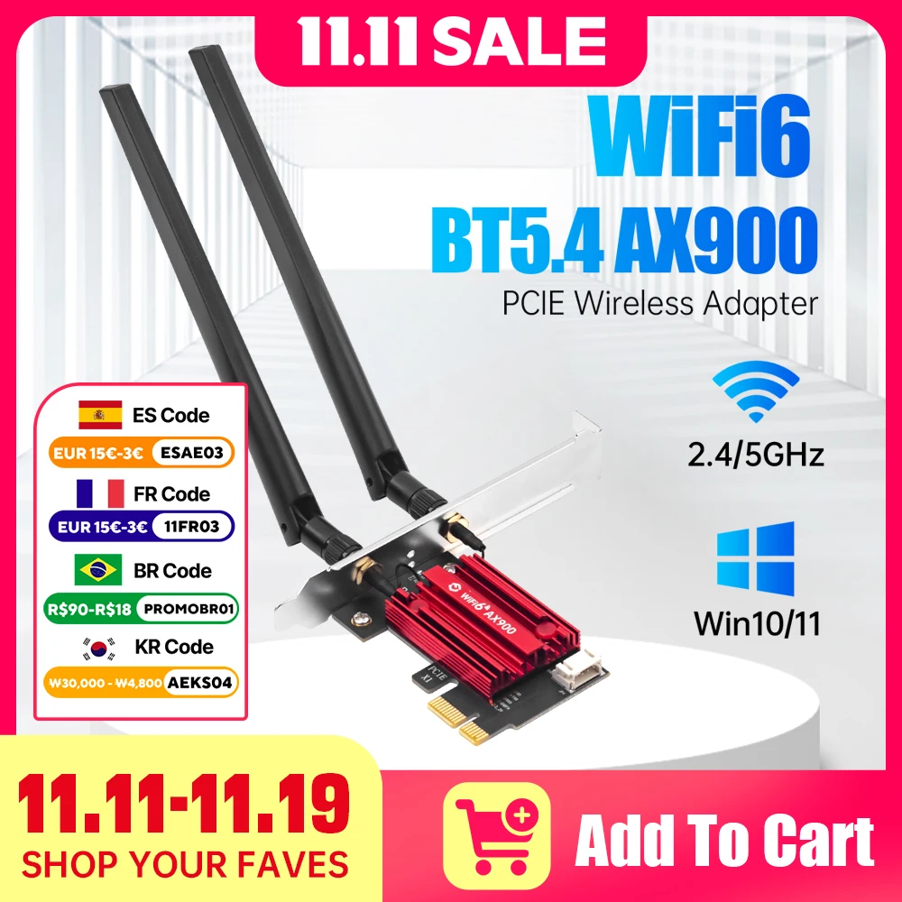 FENVI WiFi 6 AX900 PCIE WiFi-адаптер Bluetooth 5,4 802.11AX 2,4G/5 ГГц 900 Мбит/с Беспроводная сетевая карта для настольных ПК Win 10/11