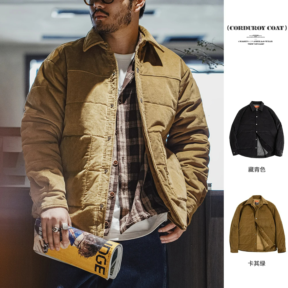 Maden Retro Corduroy Coat สําหรับผู้ชายฤดูใบไม้ร่วงและฤดูหนาว Stand-up COLLAR เสื้อแจ็คเก็ตผ้าฝ้ายหนาและ WARM กระเป๋าขนาดใหญ่แจ็คเก็ตสีกรมท่า