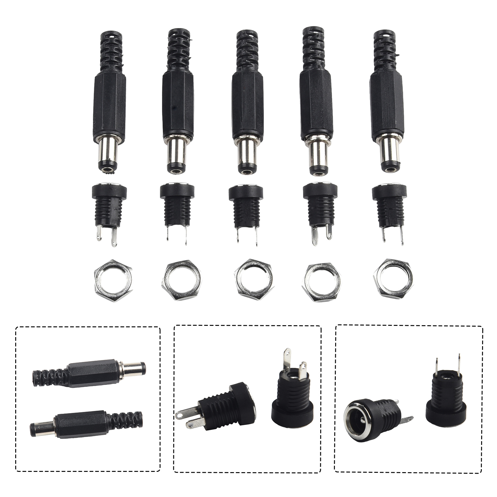 5 pares DC 12V macho hembra enchufe montaje en Panel barriles Jack conector de alimentación hembra Jack tornillo tuerca conector de montaje en Panel