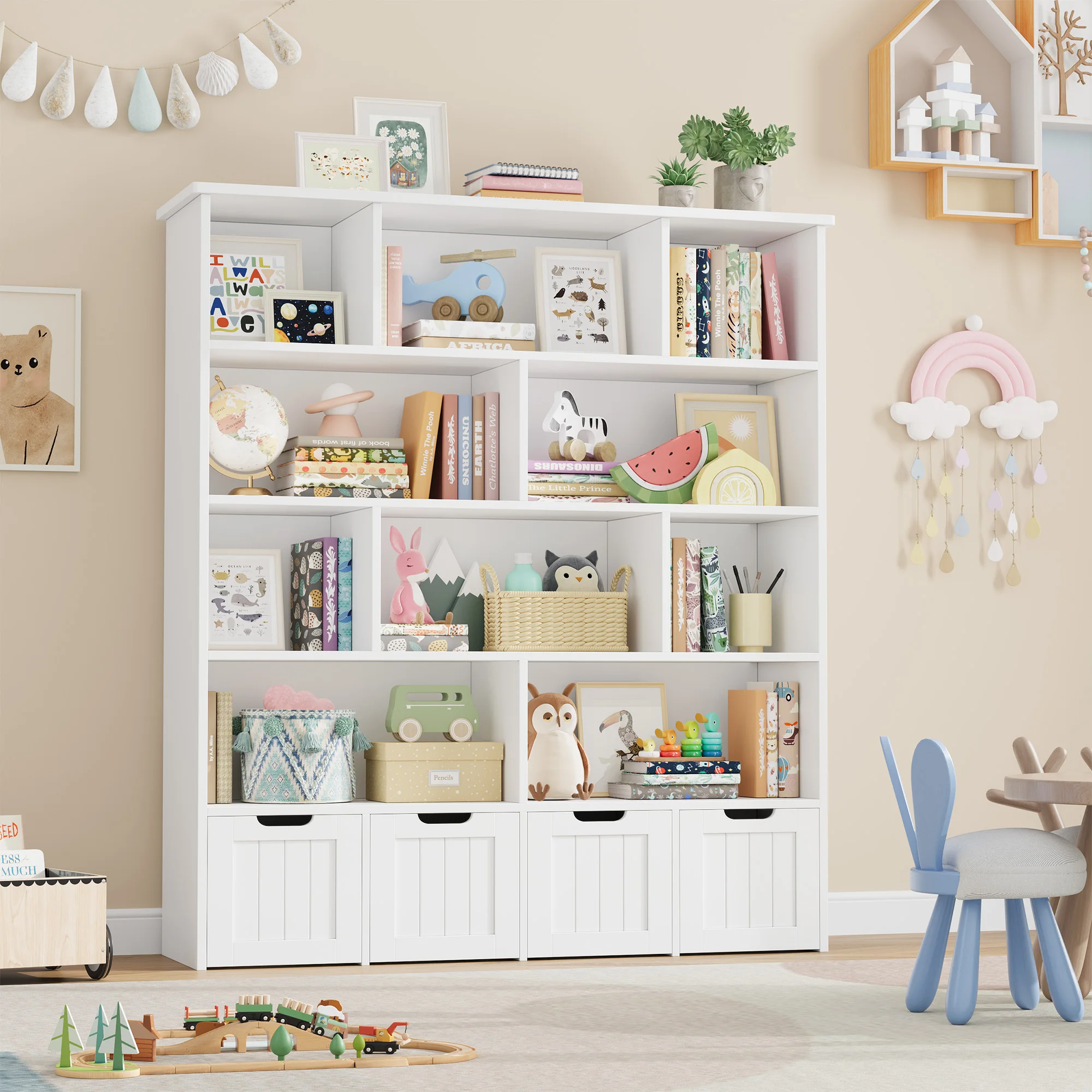 Getone kinderregal kinderzimmer möbel Spielzeugtruhe Bücherregal kinderschrank mit 4 Rollschubladen 11 Regalen 125.5x33x146cm