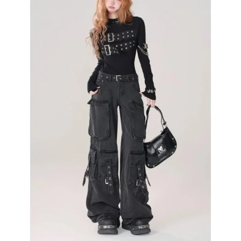PB & ZACargo กางเกงยีนส์ขาตรงผู้หญิง Y2k Harajuku Baggy Retro เก่าเข็มขัดเกาหลีสูงเอวกางเกงยีนส์กางเกง Hip Hop Slouchy กางเกงยีนส์