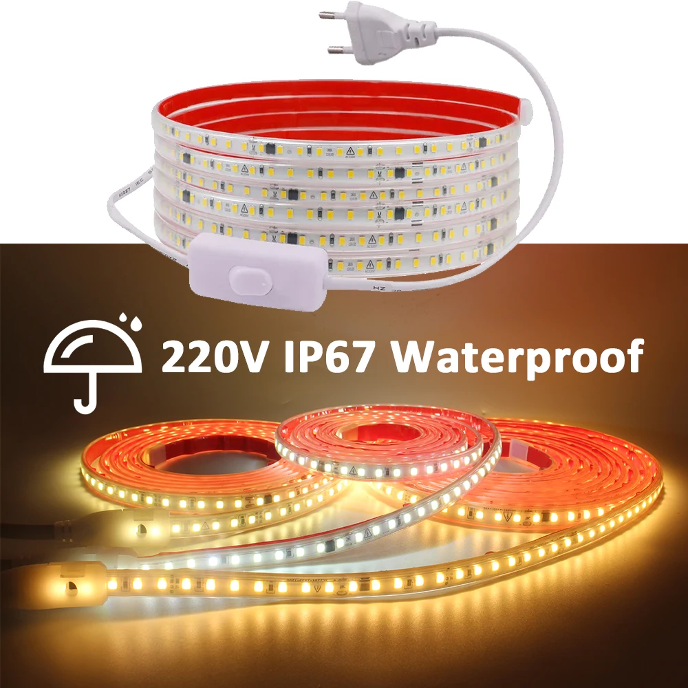 AC 220V Waterproof LED Strip Light SMD 2835 120LEDs/m 1M 2M 5M 8M 10M 20M Flexible Ribbon Tape Lamp for Home Lighting Decoration
