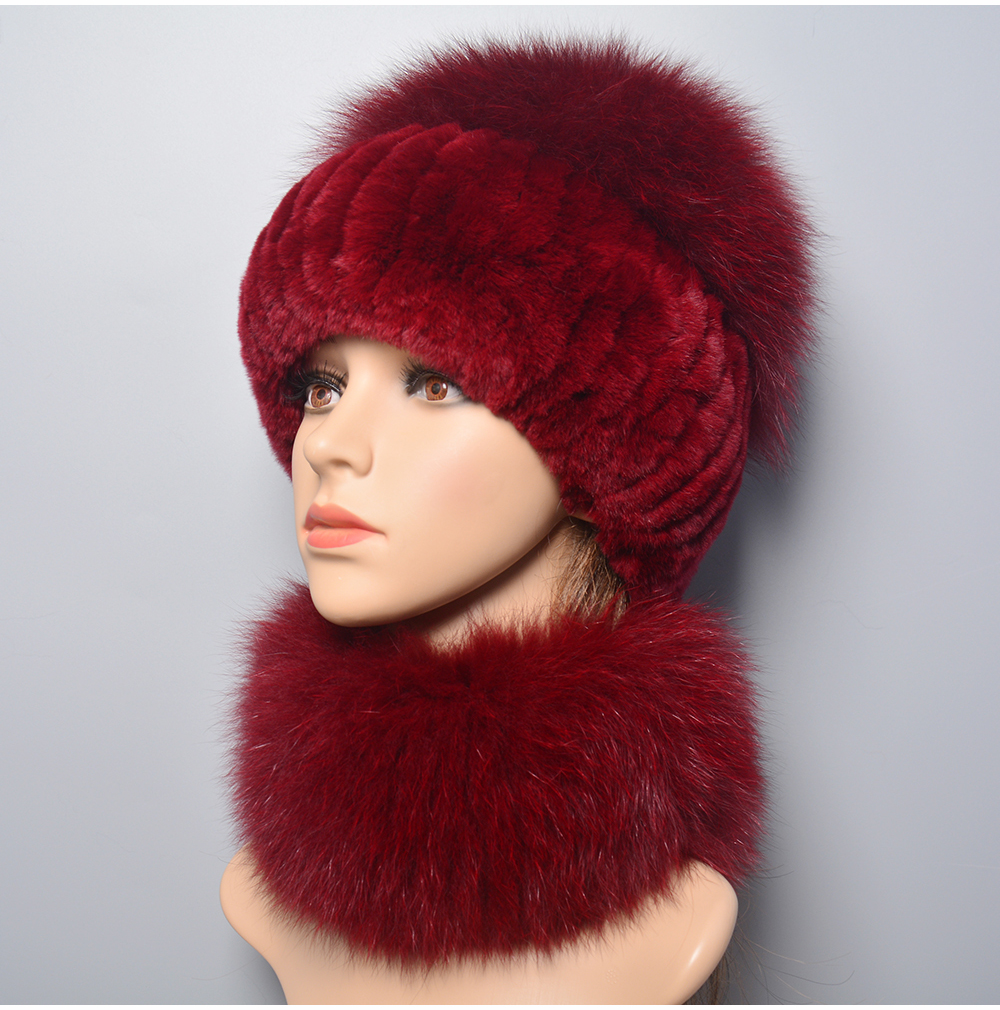 2025 neue Winter Frauen Luxus Echt Fox Pelz Hut Schal Sets Dame Natürliche Rex Kaninchen Pelz Hüte Gestrickte Fuchs Pelz kappe Schals 2 Stück