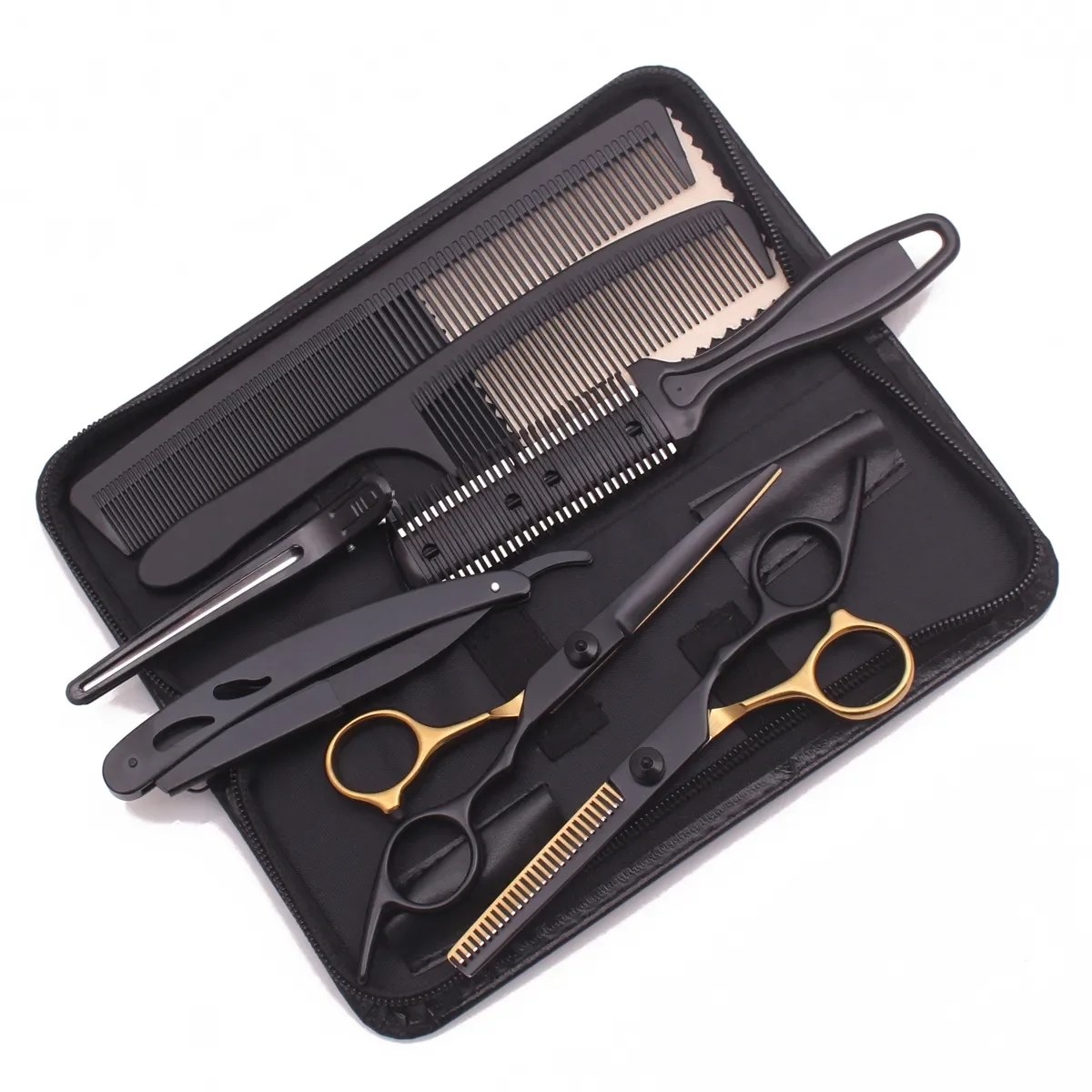 7 pçs conjunto 6.0 "tesoura de cabelo aço inoxidável corte cabelo barbeiro pente navalha cabeleireiro desbaste tesouras salão corte cabelo c1001