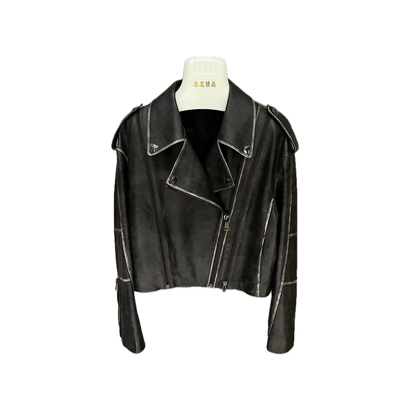 Chaqueta corta de cuero con cuello vuelto para mujer, abrigo de lujo de piel de oveja real y natural, abrigo hermoso con broche de viento, Otoño e Invierno