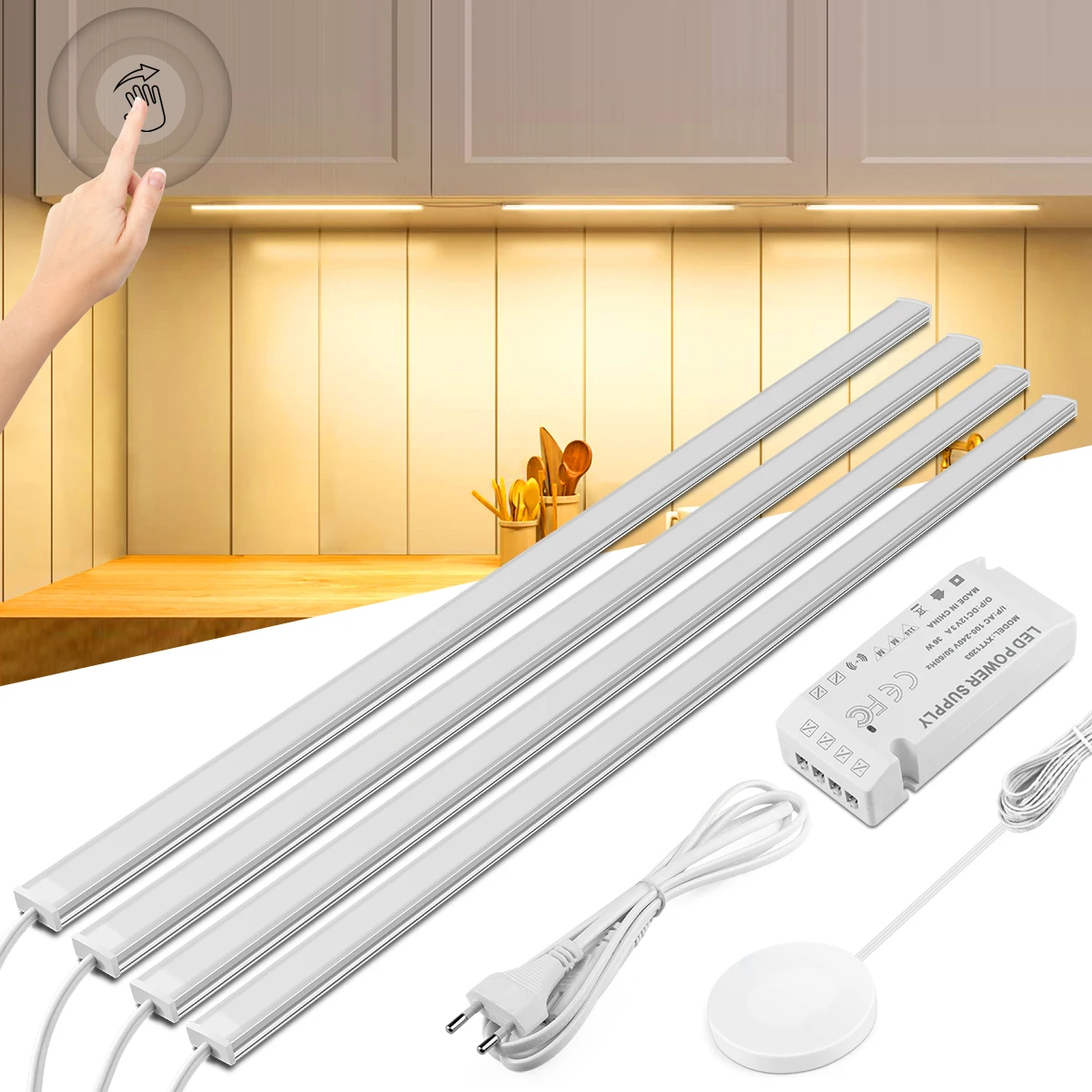 Luz LED para debajo del gabinete de cocina, escaneo manual de madera Penetrable, Sensor de movimiento, Interruptor táctil, lámpara de noche regulable para Bar de baño, 1-6 uds.