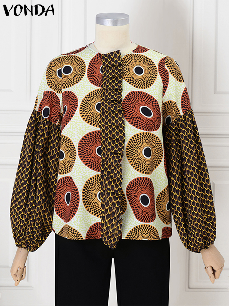 Plus Size 5XL VONDA Elegant O-Neck Ruffled Shirts Women Printed Blouses 2025 Casual Patchwork Blusas Lantern Long Sleeve Tops