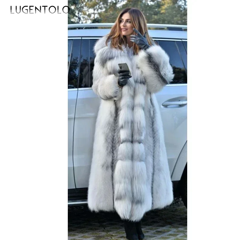 女性のフェイクファーコート Winterf ファッション暖かい X ロング大サイズコート固体フード付きルーズオープンステッチ 5XL 新 2024 エレガントな服