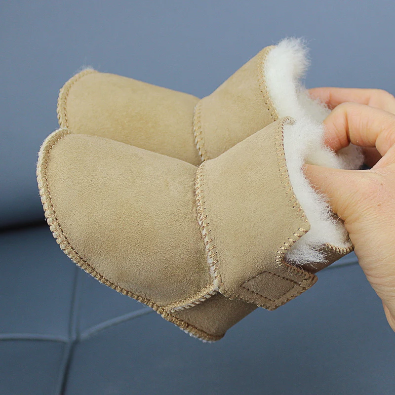 ใหม่ของแท้หนัง Soild ห่วงตื้นฤดูหนาว Super Warm Snow Boot ขนสัตว์เด็กทารก First Walkers