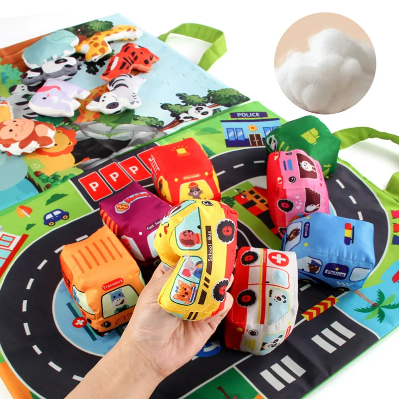 Coche de juguete de tela suave para bebés, libro de tela resistente a desgarros con bolsa de almacenamiento y tapete de juego, juguete sensorial de viaje para Aprendizaje Temprano, regalo