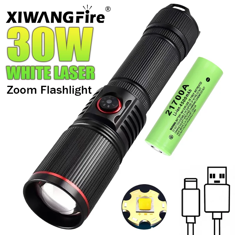 Torcia LED laser bianca da 30 W Torcia zoom USB ricaricabile Luce da campeggio esterna Caccia Pesca Camminata Equitazione Lampada di illuminazione