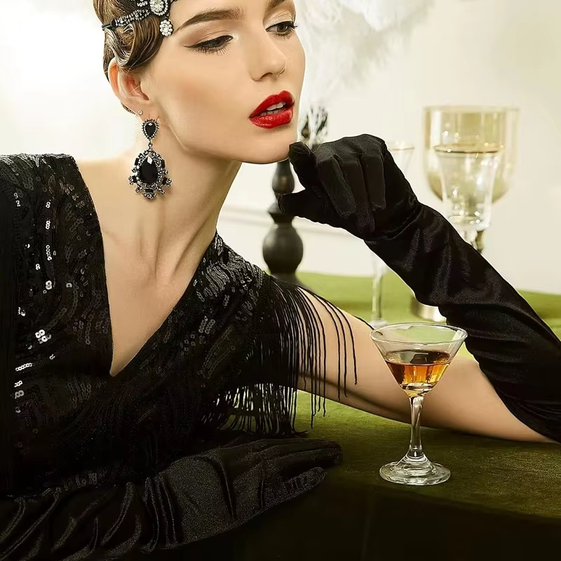 Женские классические длинные перчатки, черные эластичные перчатки из спандекса с пальцами, в стиле оперы, 1920