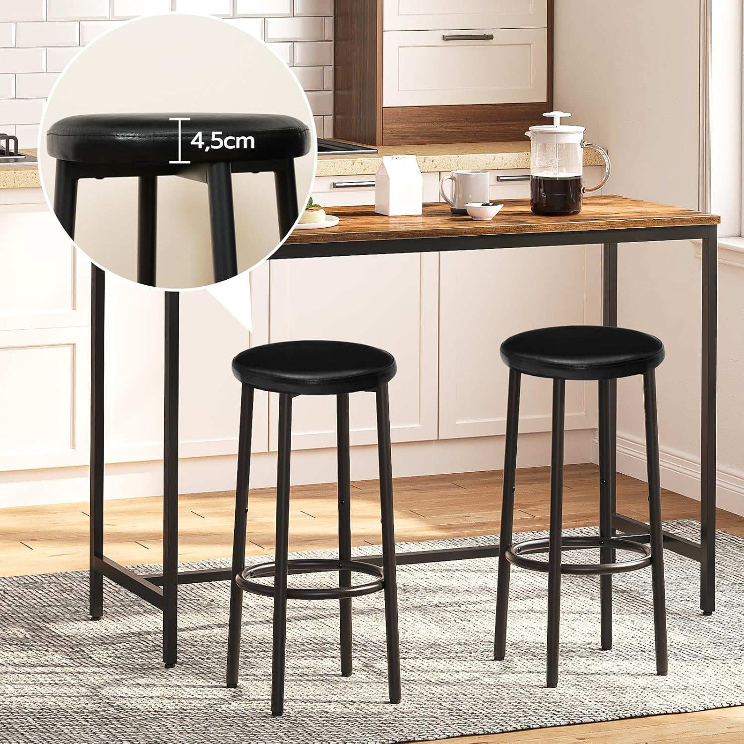 Juego 2 Taburetes Bar, Silla Bar con Tapizado PU Blando, Taburetes Altos Cocina con Estribo, Adecuado para Cocina