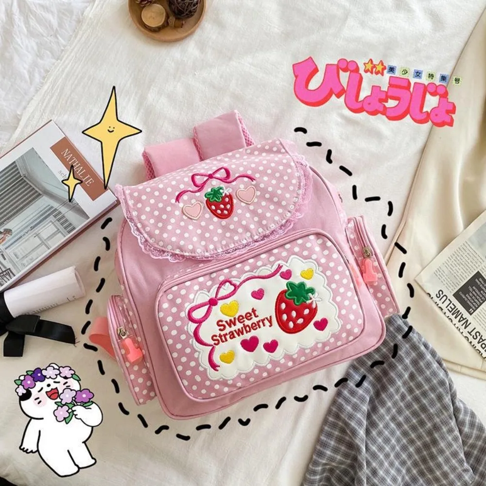 Kawaii Girl Embroidery Strawberry Children's Schoolbag Student Birthday Gift New Japanese Cartoon Pink Backpack Book Bags