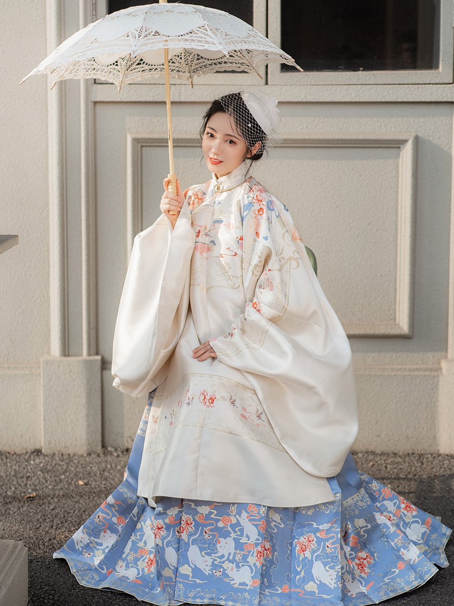 Terno Hanfu de tecido longo original para mulheres, casaco de gola alta, saia dourada da cara de cavalo, tradicional chinesa, dinastia Ming tradicional