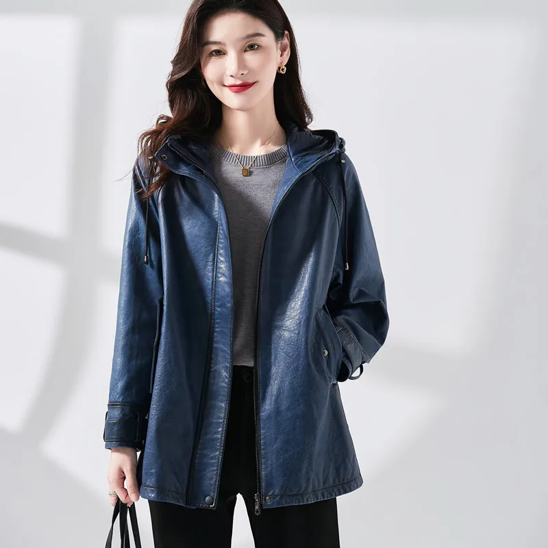 Leren Jassen Vrouwen Herfst Vintage Claret Medium Tot Lange Losse Capuchon Kalkoen Schapenvacht Wasachtige Leren Jas Cazadora Piel Mujer