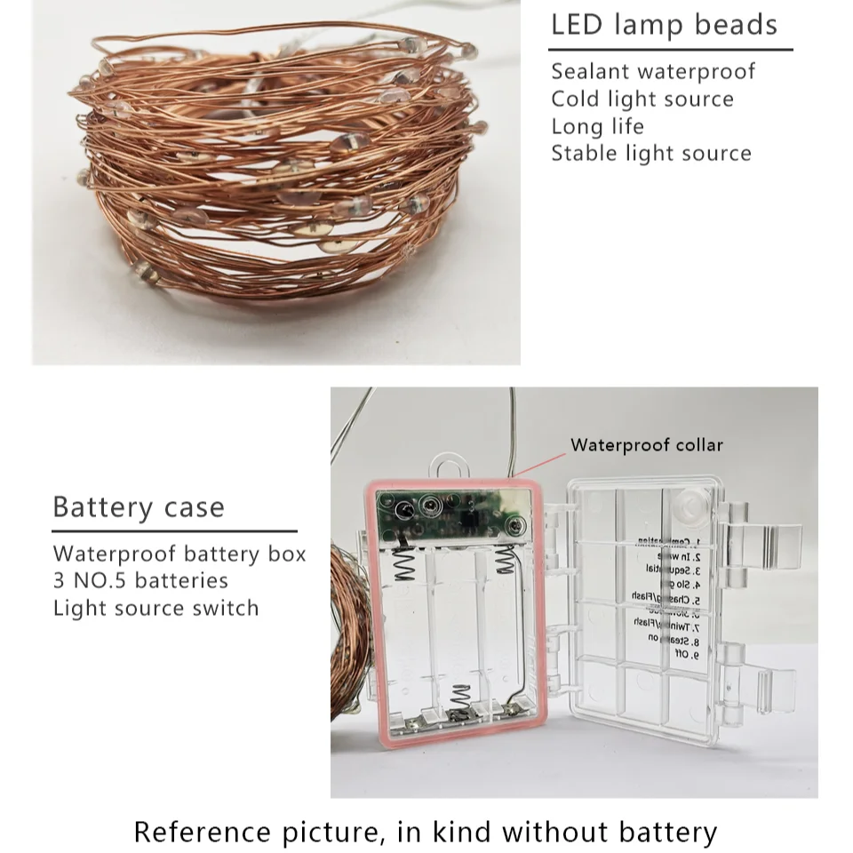 Luces LED de hadas con Control remoto, cadena de luces impermeable, funciona con pilas, para exteriores, decoración de fiesta de Navidad y boda, 8 modos