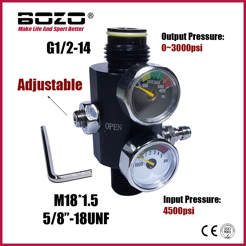 New Adjustable HPA Regulator Dual Gauge Pneumatic Air Valve Fill Station Regulated Output 0 to 3000psi M18*1.5, 5/8"-18UNF