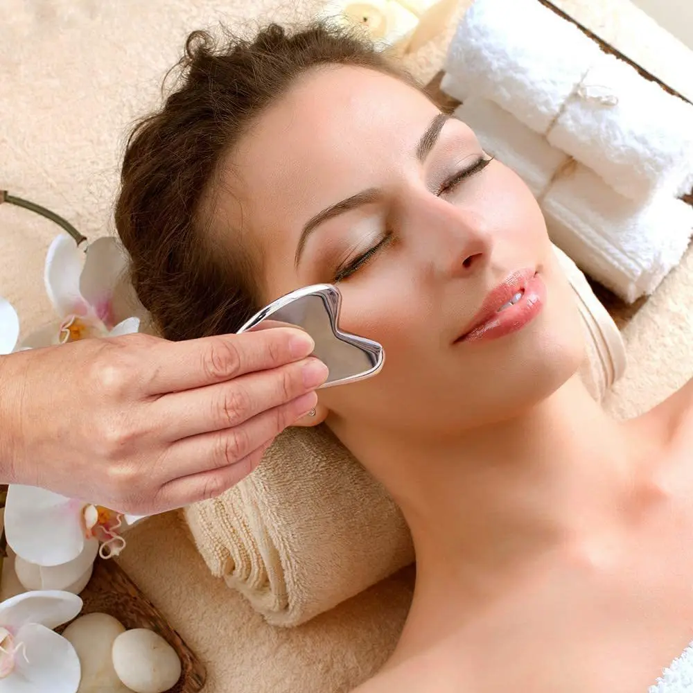 Masaje Guasha para cara, masajeador corporal de acero inoxidable, placa de raspado Facial, raspador de SPA Guasha para cuello y espalda, tabla Gua Sha