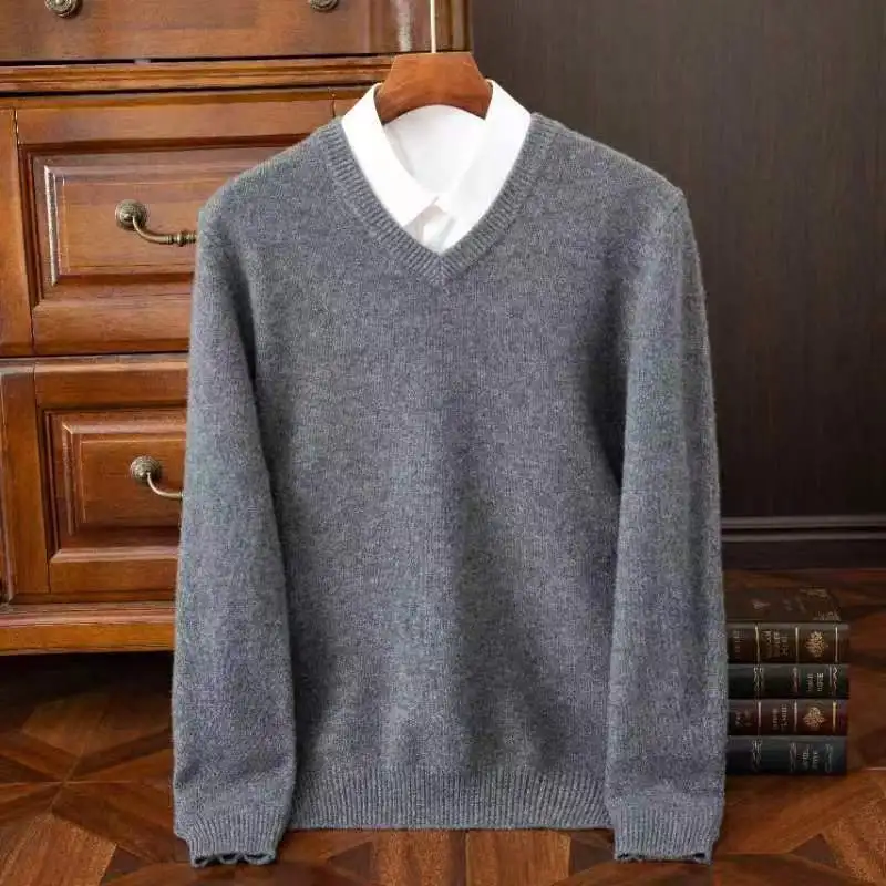 2025 Herren 100 % Merinowolle Kaschmir V-Ausschnitt Pullover Pullover Smart Casual Basic Langarm Strickwaren Kleidung Tops Herbst Winter