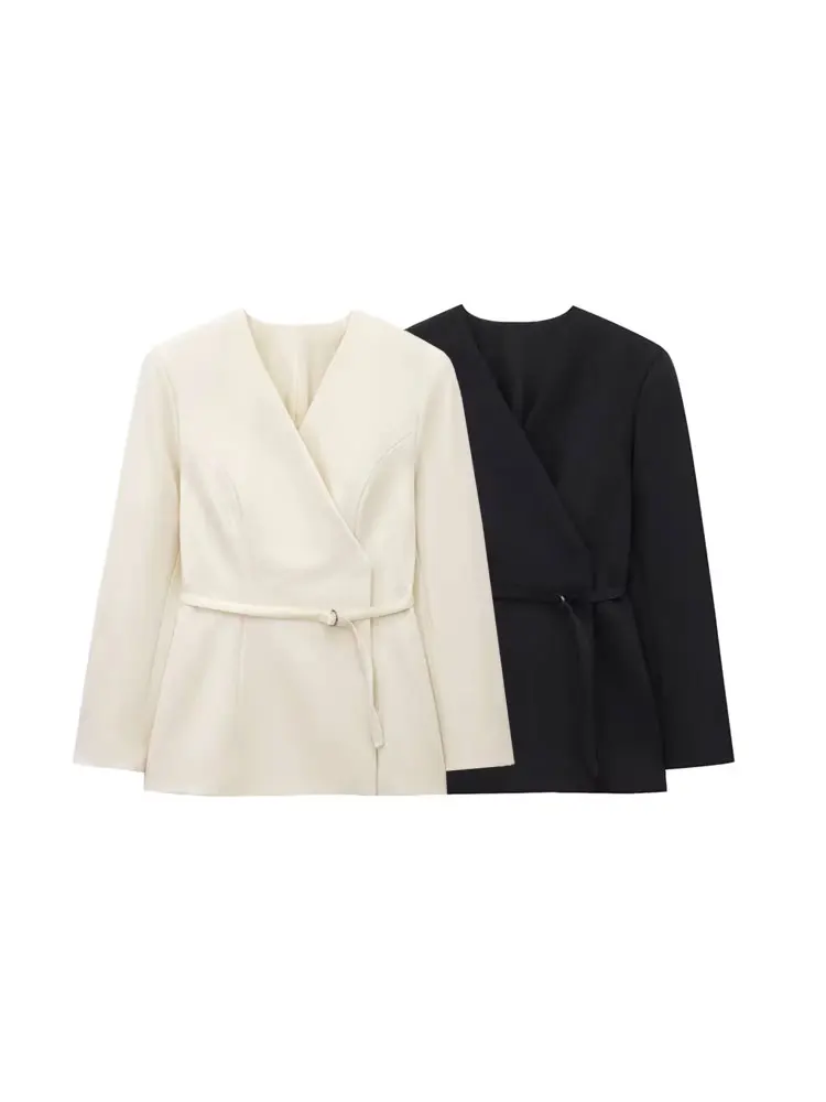 Casaco blazer feminino chique com decote em V e cinto manga comprida com botão de pressão top fashion