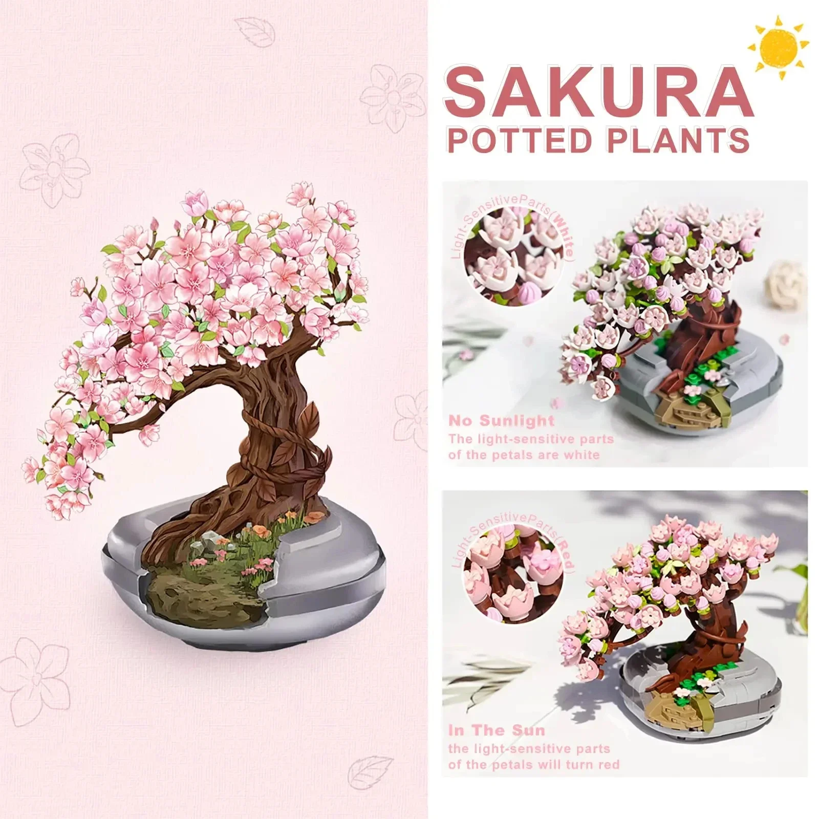 さくら鉢植え花束ビルディングブロック植物盆栽多肉植物モデルレンガ装飾品子供の教育 DIY おもちゃホリデーギフト