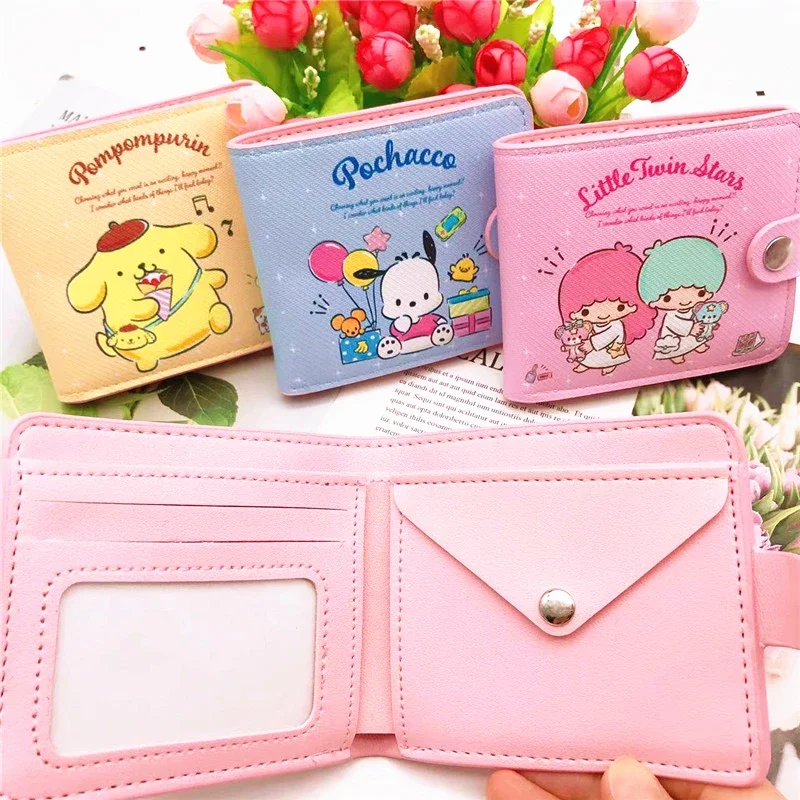 Cartera pequeña de Hello Kitty para mujer, bolso rosa, monedero Kawaii con botones, monedero plegable, Kuromi Cinnamoroll