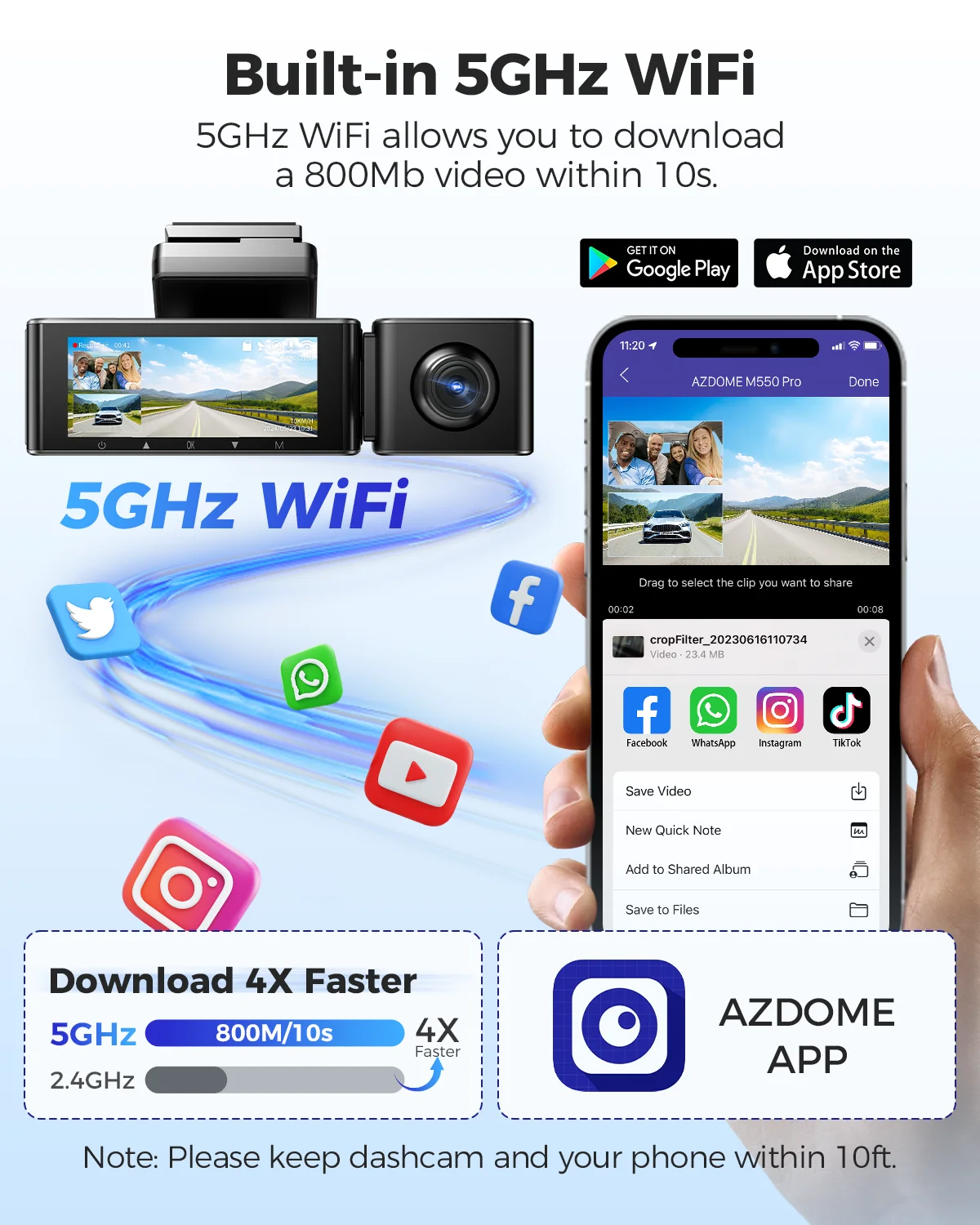 Обновление AZDOME M550 Pro Видеорегистратор 4K 5,8 ГГц Поддержка Wi-Fi Внутренняя и задняя камера Автомобильный видеорегистратор 6 ИК Монитор ночного видения Видеорегистратор