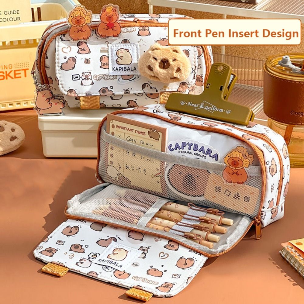Capivara Three-Layer Pen Bag para meninos e meninas, estojo multifuncional, papelaria de grande capacidade, desenho animado