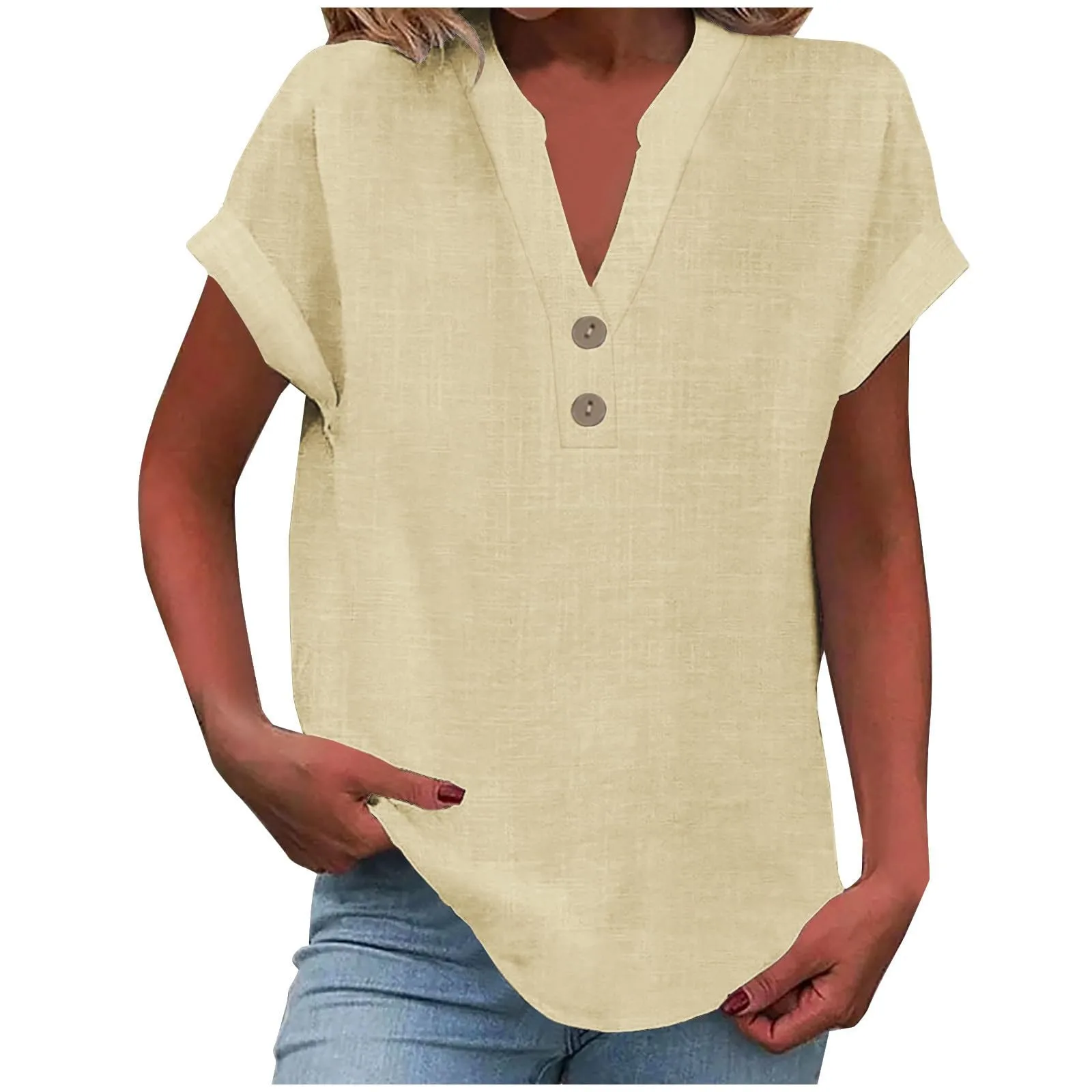 2025 verão algodão linho respirável cor sólida botão para baixo camisa com decote em v básico e versátil casual confortável senhora escritório topos