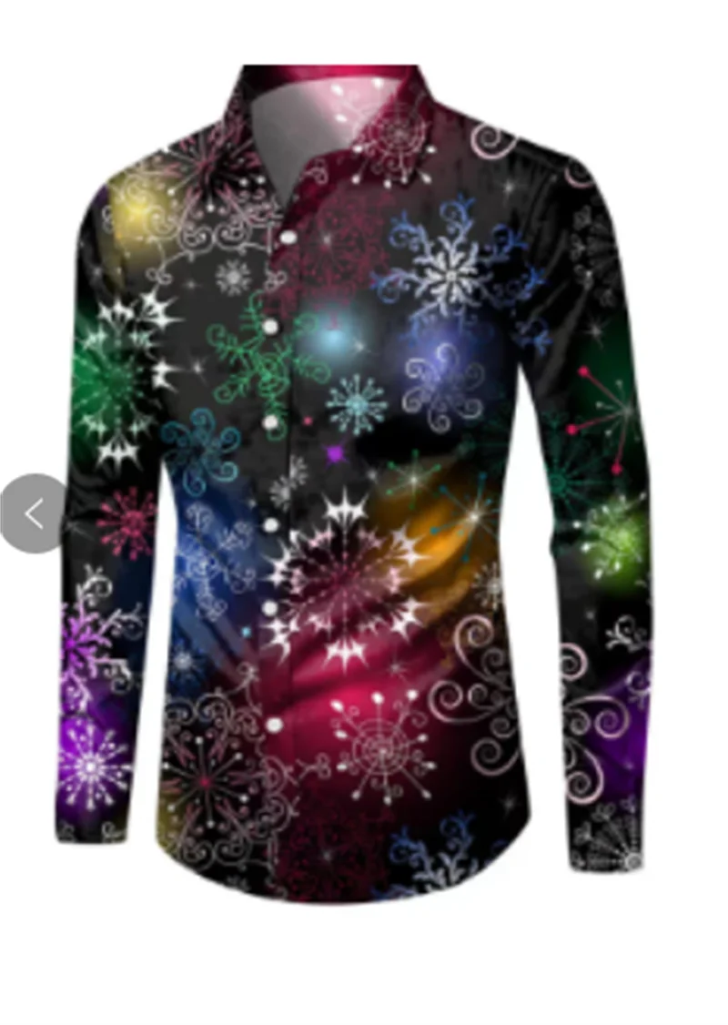 Camisa clásica con elementos de nieve navideños, camisa estampada de manga larga para hombre, camisa informal de moda, transpirable y cómoda para hombre