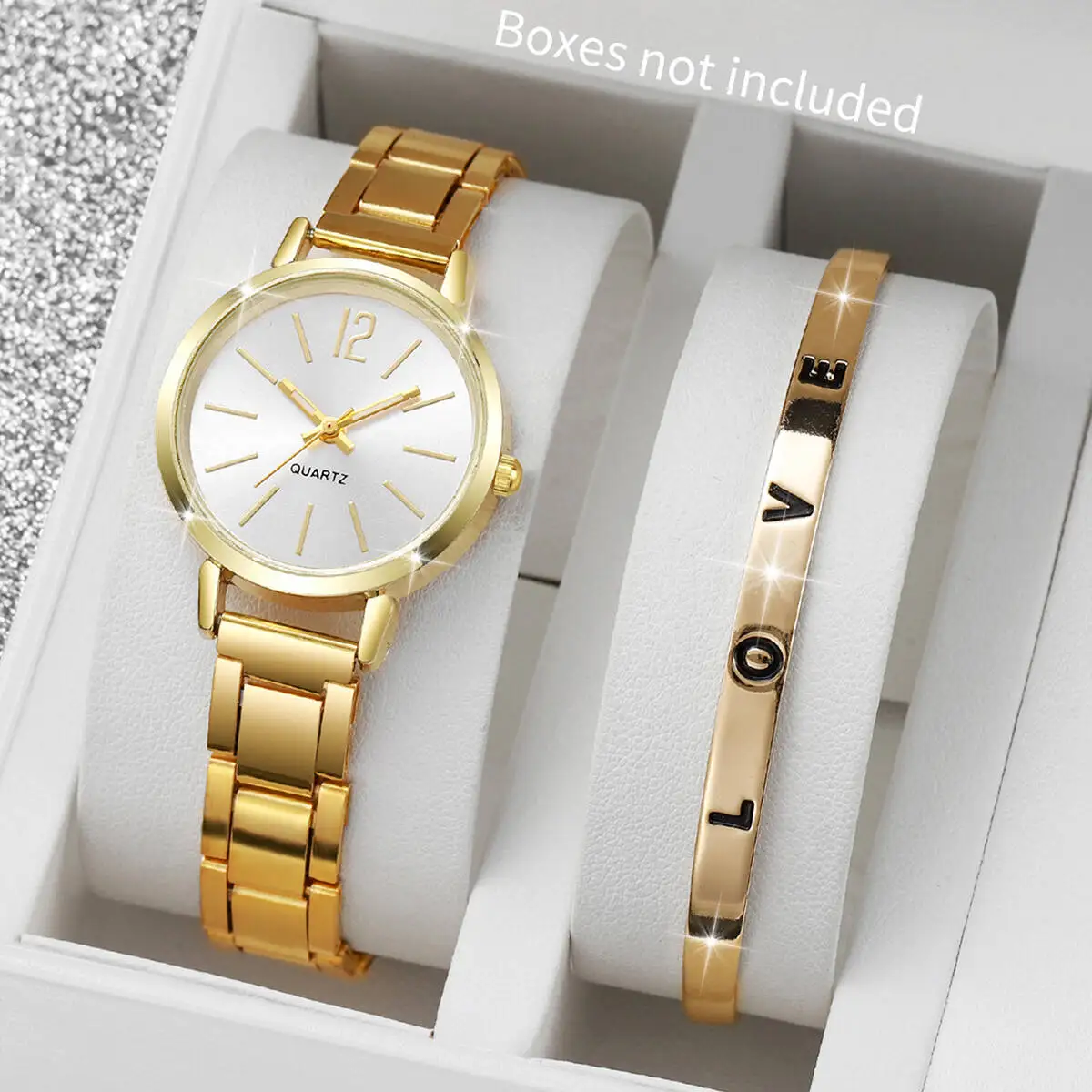 Ensemble de montre-bracelet à quartz pour femme, bracelet en acier doré, manchette d'ouverture, mode, 2 pièces