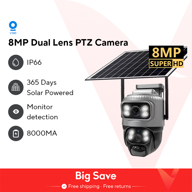V380 Dual Lens 4G Camera Solar PIR Human Detection Night Vision Waterproof Security Video IP Camara 8MP 4K Battery CCTV Monitor