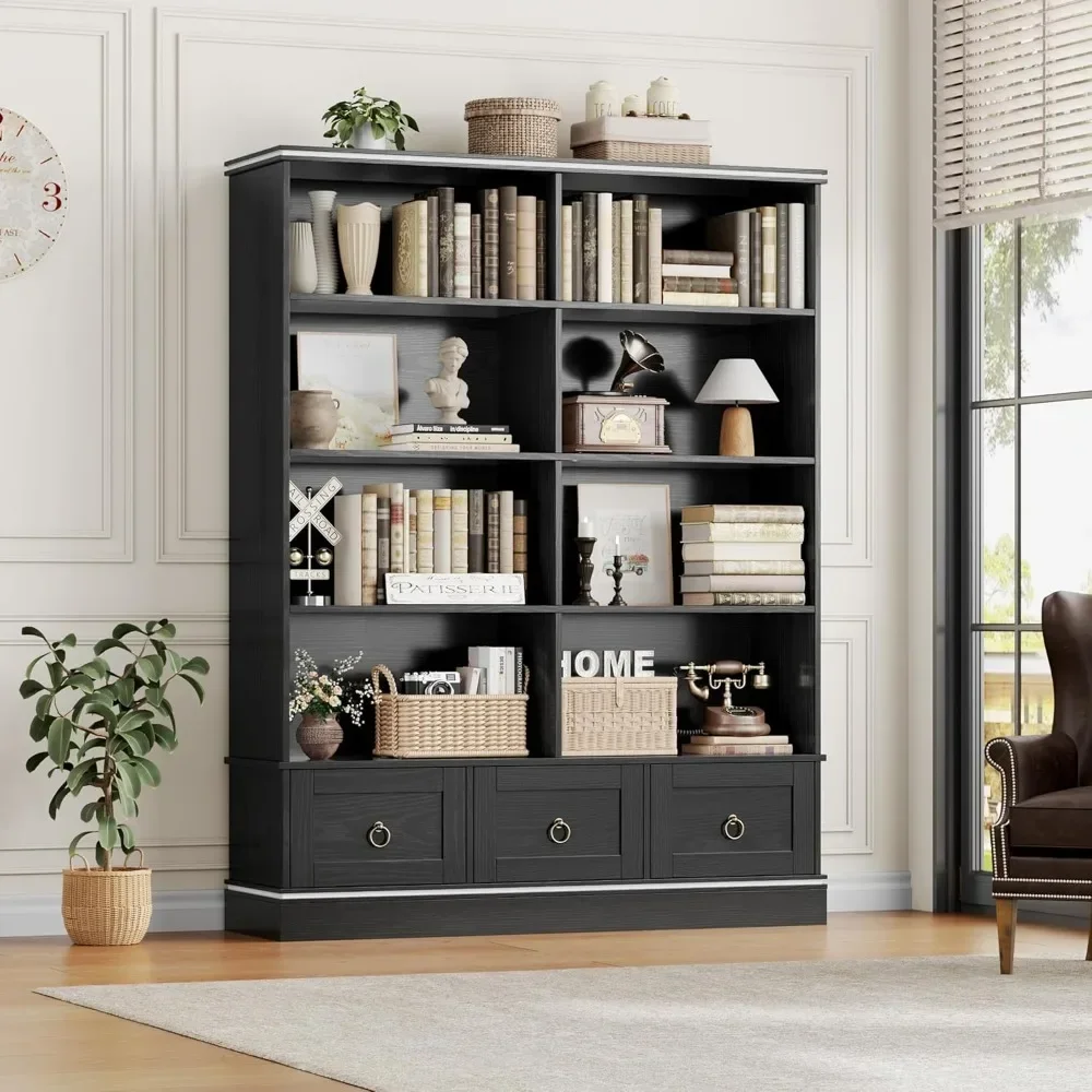 Farmhouse Bookshelf and Bookcase, 47" Wide Bookcase with Drawers, 5 Tier Book Shelves with Storage, Large Display Shelve