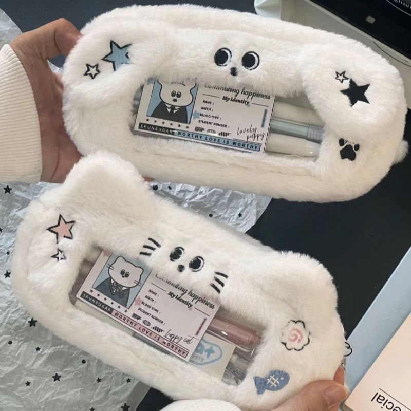 Estojo de caneta de grande capacidade, fofo, pelúcia, formato de gato, bolsa de lápis com janela visual, criativo, kawaii, bolsa de lápis para escritório, escola