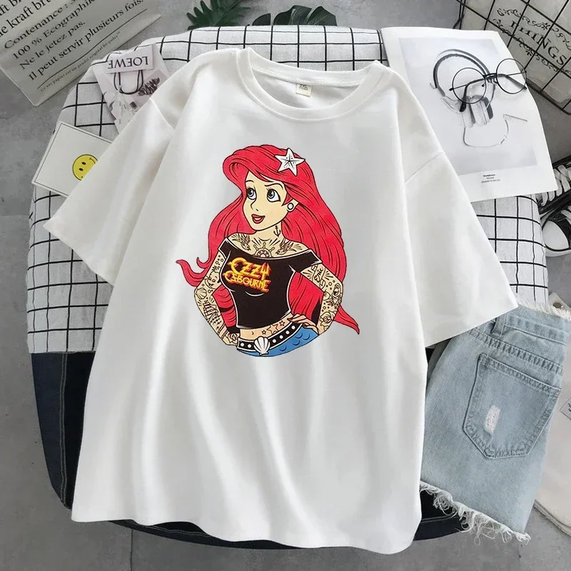 プリンセスプリント不思議の国のアリス女性 Tシャツトップス黒アリス白雪姫カジュアル半袖 Tシャツファムトップ Y2K