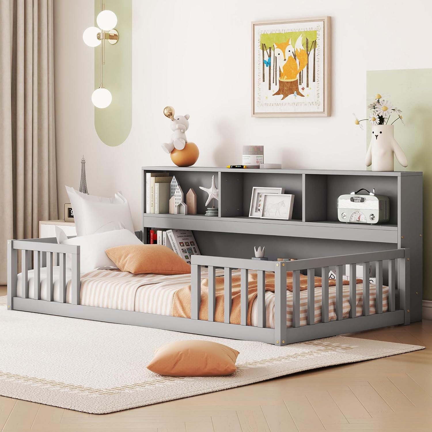 Kids Montessori Floor Bed,Twin Size Floor Bed with Bookcase and Shelves,Twin Bed Frame