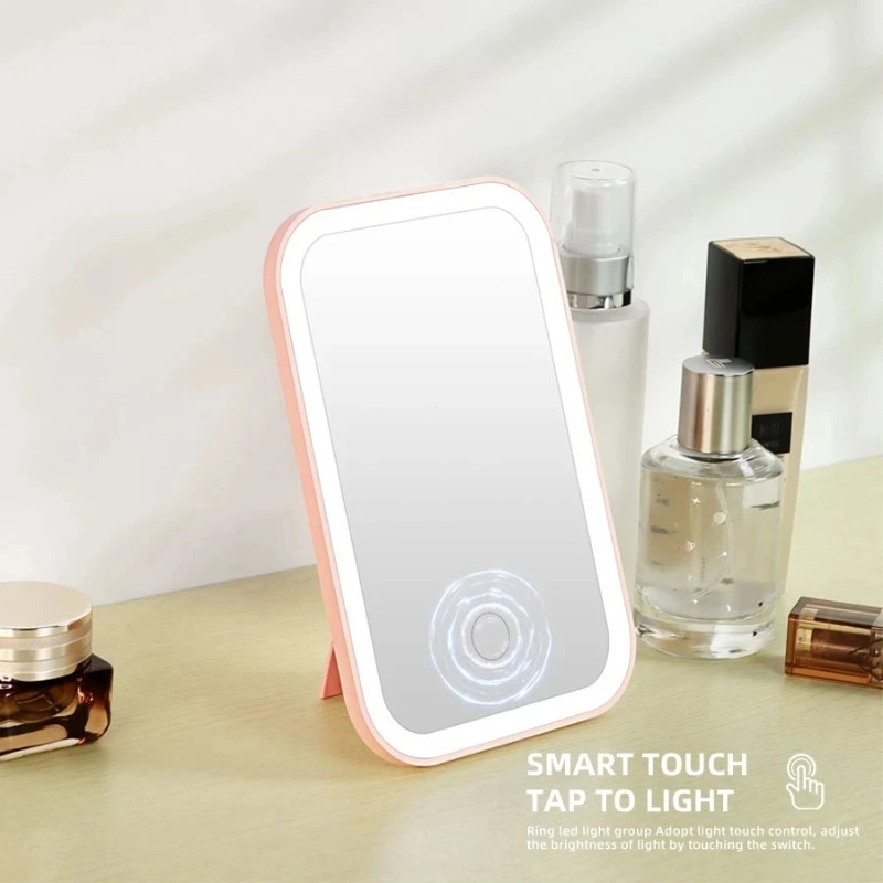 Espejo de maquillaje con pantalla táctil LED, espejo plegable, espejo de maquillaje iluminado, 3 modos de luz de colores, herramientas de espejo cosmético recargable por USB