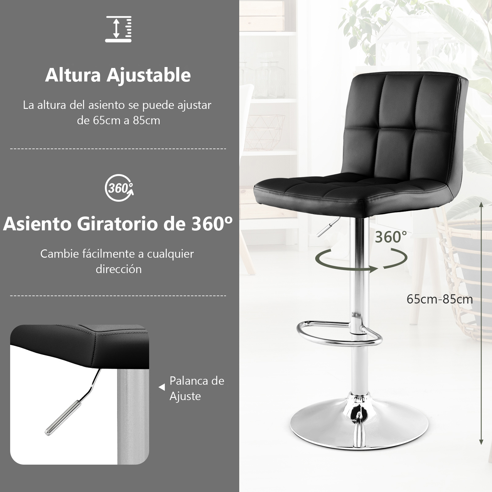Taburete de bar giratorio 360°, taburete de bar 65-85 cm regulable en altura de polipiel, taburete con respaldo y reposapiés, taburete de cocina para comedor, bar, hogar, 150 kg de capacidad de carga, negro