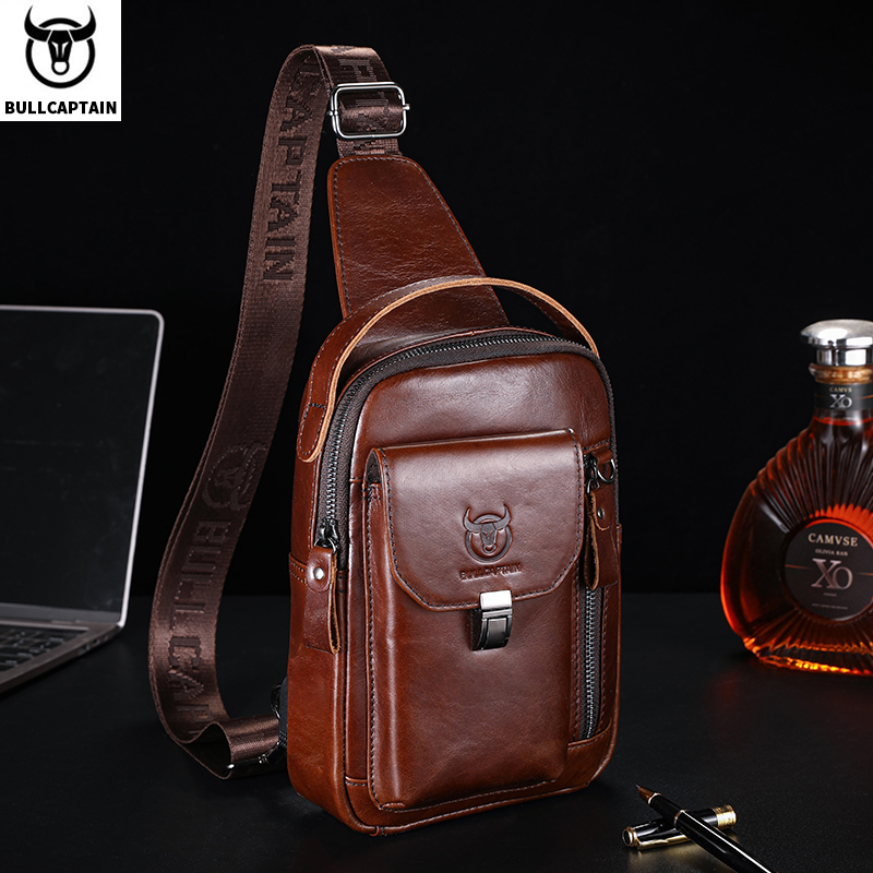 Bullcaptain bolsa de peito de couro genuíno masculina casual retro 7.9 polegadas bolsa para celular multifuncional anti-roubo bolsa crossbody
