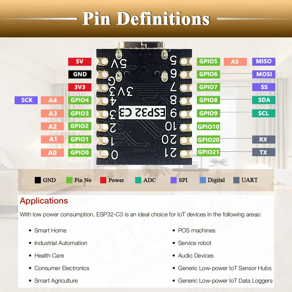 Макетная плата ESP32 C3, мини-модуль Wi-Fi BT, Тип C, Φ 16 контактов, 32-разрядный одноъядерный процессор