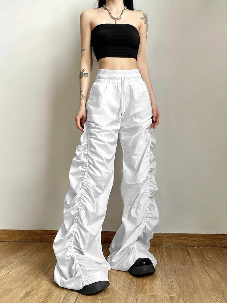 Tendência da moda personalizada autoconfiança vanguardista legal all-match casual solto menina cintura alta perna larga lanterna calças