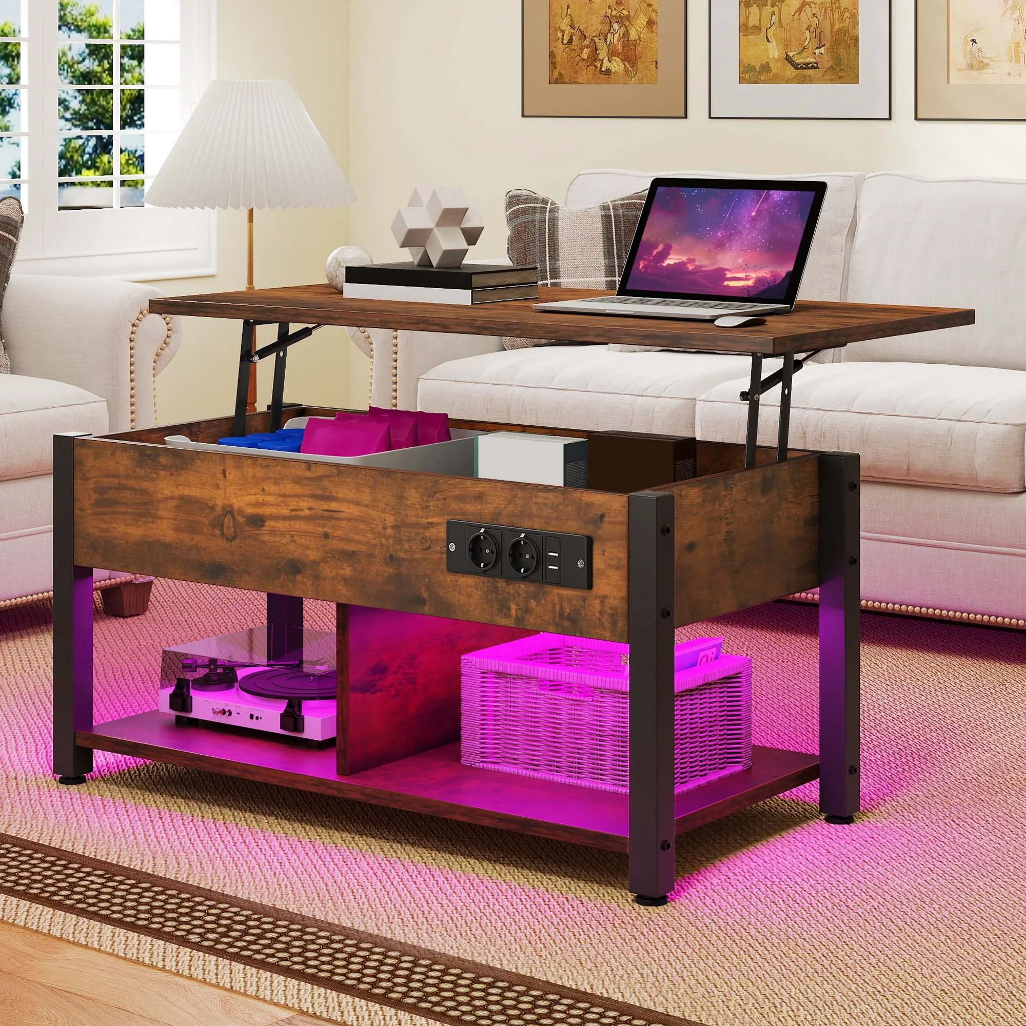 YITAHOME Brauner Vintage-Couchtisch mit Hubplatte – 2-stufiger Stauraum und verstecktes Fach, höhenverstellbar mit LED-Beleuchtung